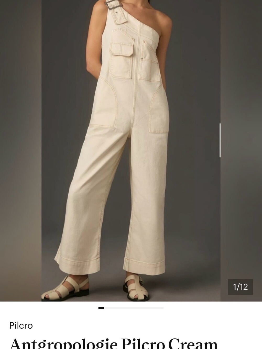 Anthropologie Cream One-Shoulder Utility Jumpsuit